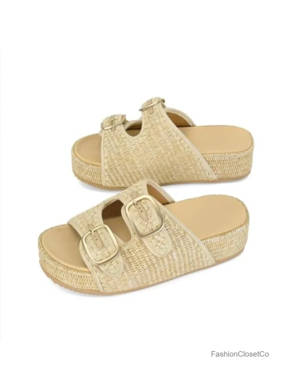 Woven Raffia Espadrille Wedges Platform Sandals with Adjustable Buckle Strap